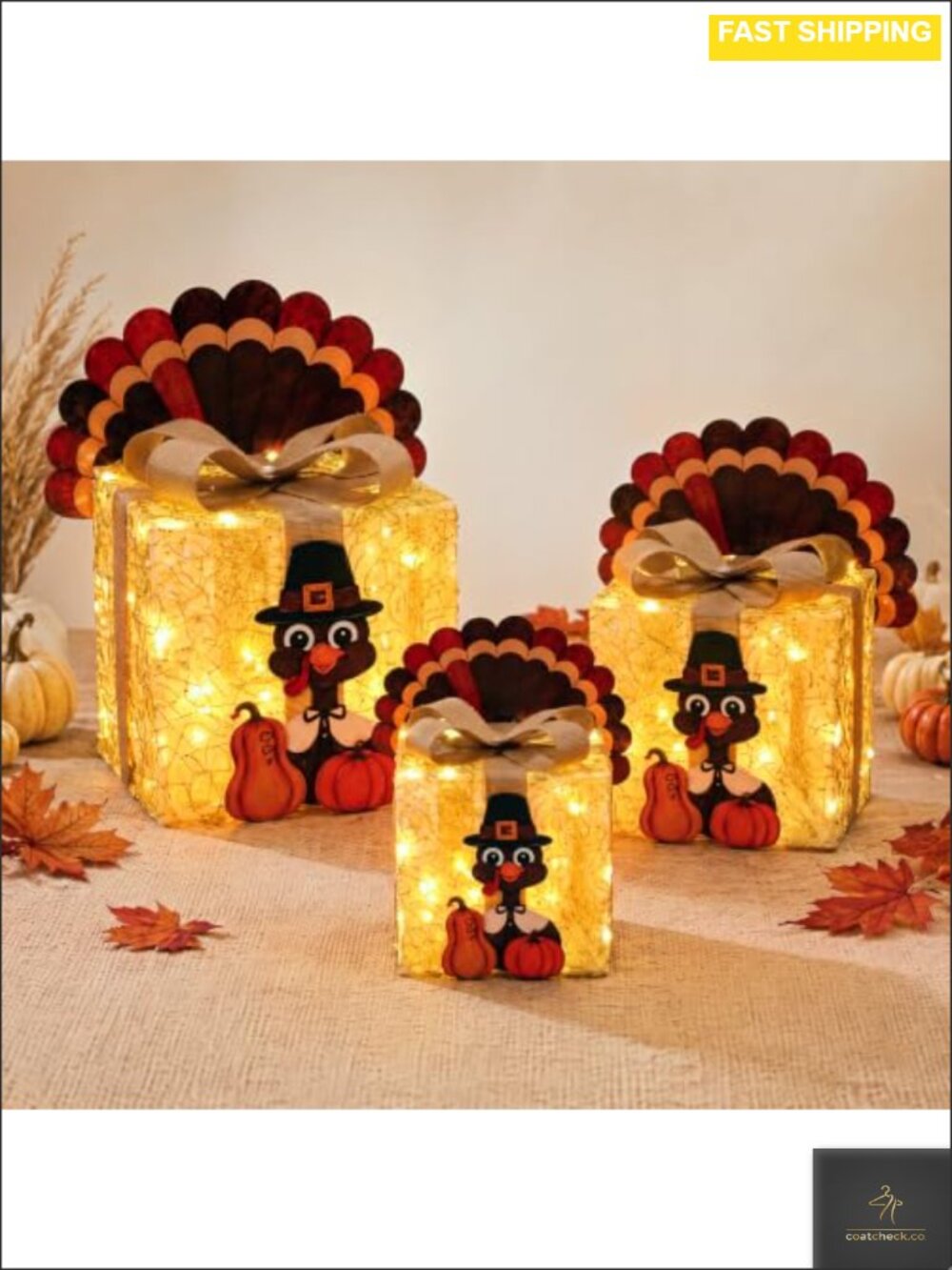 3 Pack Lighted Thanksgiving Turkey Gift Box Decor LED Fall Set
